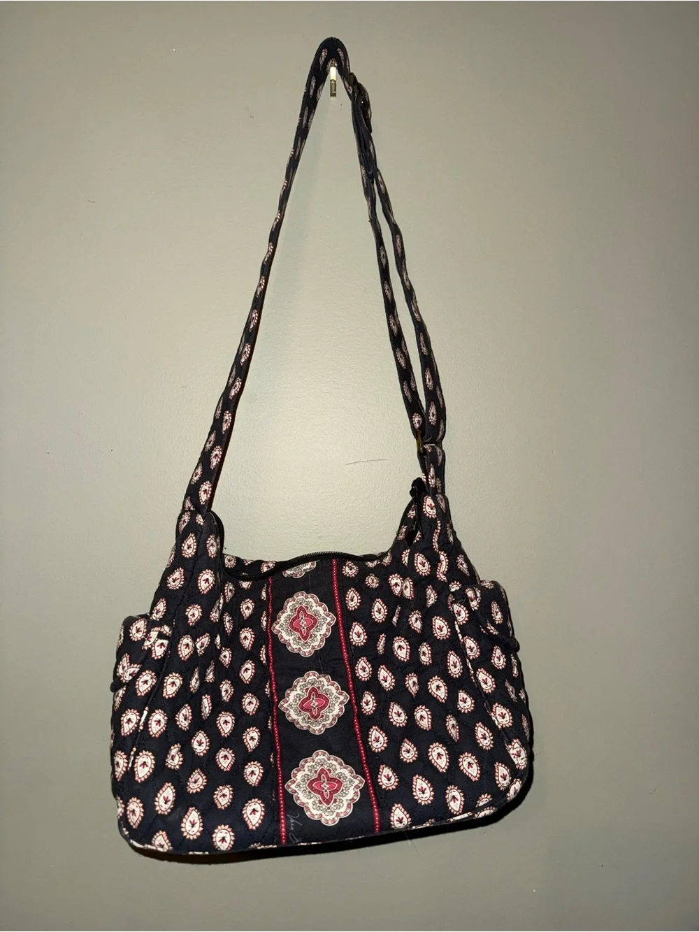 Vera Bradley Black Shoulder Bag with Pink and Cream Medallions